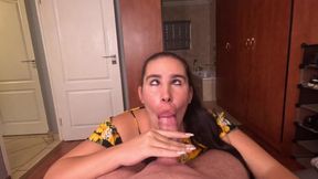 POV dirty talking slut milks cock twice in a row, cum swallow and facial