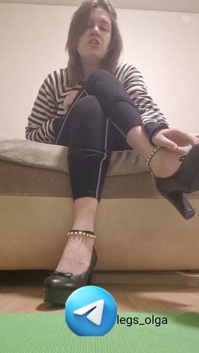 The girl makes you lick your feet and shoes. Sweet femdom