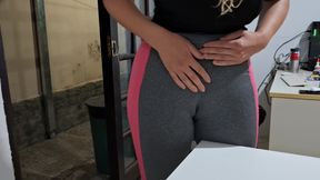 Masturbating her camel toe on the table with the neighbor's help.