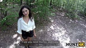 Hot brunette girl got into a light car accident and asks a man on a motorcycle if he can drive her and her husband home for a quick sex while her hus watches them