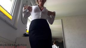 Horny Business Woman Cowgirl Riding the Boss Cock Down on the Floor POV