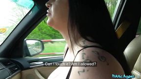 Hitchhiker plays with her big titties and asks for cock