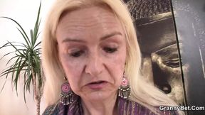 Skinny hairy-pussy blonde grandma rides big cock