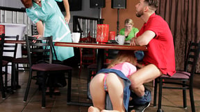 College couple fuck in a diner with the mature waitress
