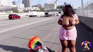 Edible Tee Gets Romped by Gibby The Clown on A Engaged Highway During Rush Hour