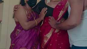 Sisters enjoying threesome romance in bed with neighbour batchelor men
