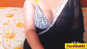 Desi Indian trisha bhabhi work from home in sexy black saree and teasing with her big boobs
