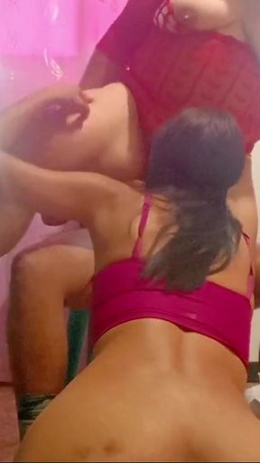 Stepmom and stepsister sucking cock and riding   Clip 1