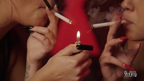 double smoke and heavy spitting supremacy: restrained subject swallows a thick pool of ash and saliva triggered by deep toy play full