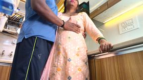 Desi stepmother hindi real sex with stepson in kitchen and she got huge Cumload in  black pussy.