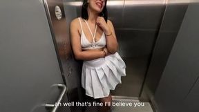 LATINA MILF NEIGHBOR fucks a BBC in the office elevator, takes off the condom, creampie, interracial