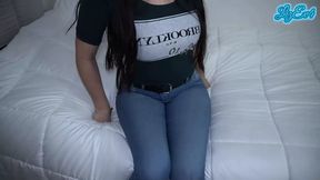 tremendous ass of my friend's girlfriend with tight jeans. real orgasm and creampie. She left my semen inside her pussy