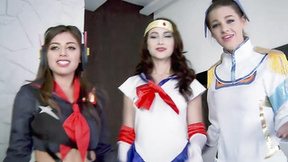 ”Three BESTFRIEND cosplay sluts gangbang a pervy dude”