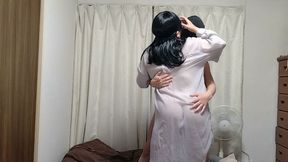 Chubby, busty mature wife: With just a sheer shirt, she keeps caressing her K-cup big breasts.