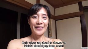 Japanese MILF visits busty cheating wife to help her shower