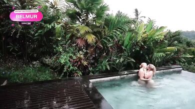 Lucky pool cleaner fucks two blonde tourists in public creampie threesome