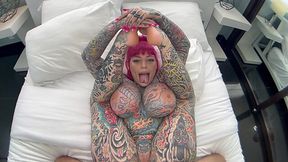 Tattooed bbw bounces her new tits while riding his hard cock in pov