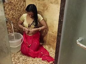 Indian Bhabhi In Saree Went Into Shower Taking Off Getting Wet