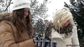 Snowed-in girlfriends eat each other's hole and drill hornyly