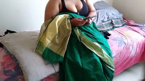 Telugu Stepaunty in Green Saree with Huge Boobs on Bed and Fucks Neighbor While Watching Porn on Mobile - Huge Cumshot