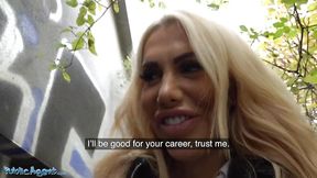 Blonde bombshell gets a face full of cum in public POV