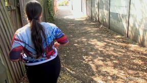 Short and thick brunette outdoor pising and public flashing