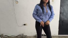 A female police officer is home, ready for her work break. She's a sweet, busty woman.