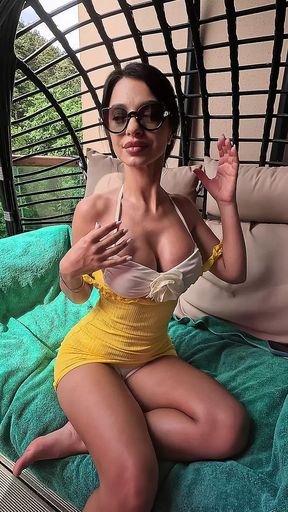 Anisyia outdoors on the terrace, full neighbours view