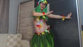 My Stepsister Performs Hawaiian Dance in a Green Hawaiian Cosplay Costume Then Masturbates and Shows What's Under