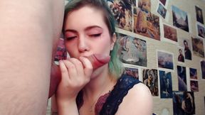 Alternative girl deepthroats and swallows cum