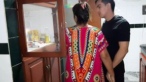 My stepmom gives me a blowjob in the kitchen