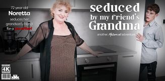 curvy 72 year old granny Noretta seduces her grandson's best friend to fuck her hard on the couch