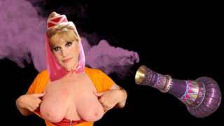 Busty MILF dressed as Jeannie drops to her knees for a wet blowjob and takes a deep pounding