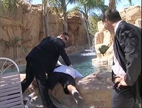 Glamorous blonde has two dicks to satisfy near swimming pool