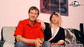 German housewife and girlfriend in their first threesome casting