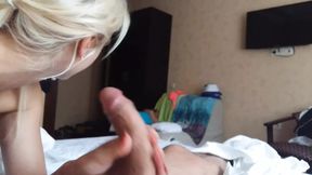 Russian slim blonde rides dick and takes it in her mouth