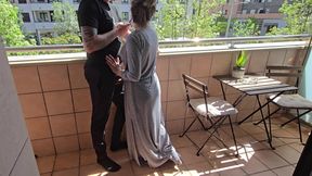 Busty Girl Sucks Her Friend's Cock on a Hotel Balcony!! Risky Sex!