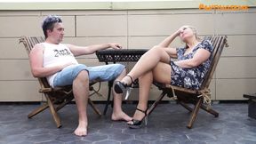 Slutty Wife and hubby decide to have pantyhose sex out on the balcony