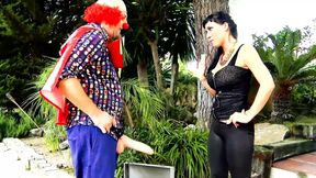 Super busty German chick with many tattoos pleasing a clowns hard cock